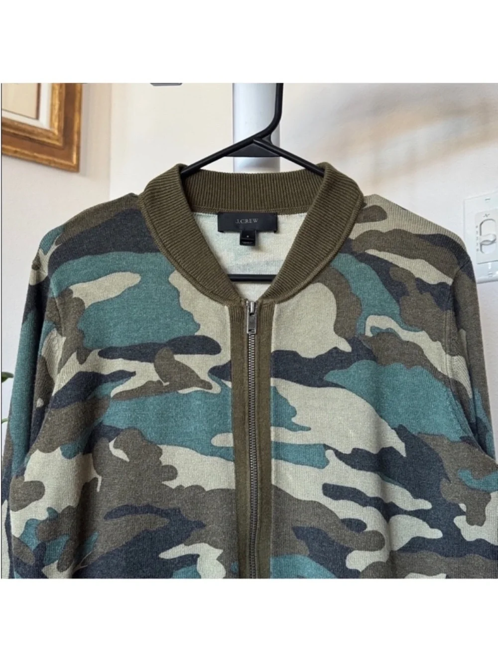 J Crew Knit Wool Blend Full zip Sweater/Jacket Sz S Camo Green Crewneck